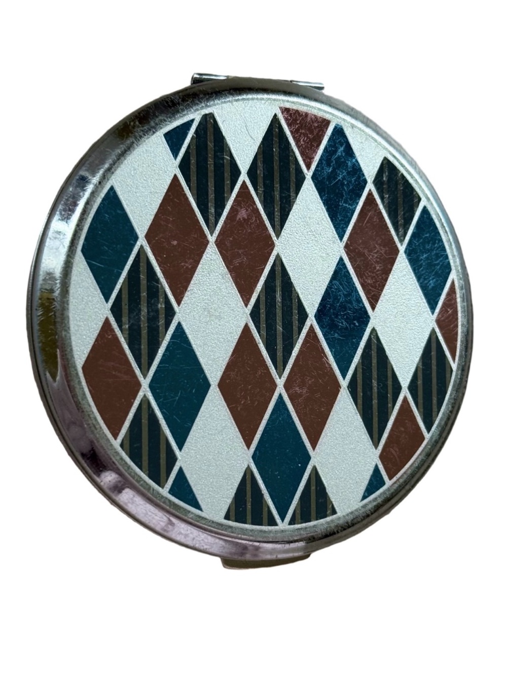Vintage Mid Century Stratton Harlequin Diamond Argyle Silver Tone Round Compact